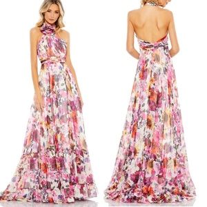 Mac Duggal NEW ASYMMETRICAL RUFFLED HALTER FLORAL GOWN size 16